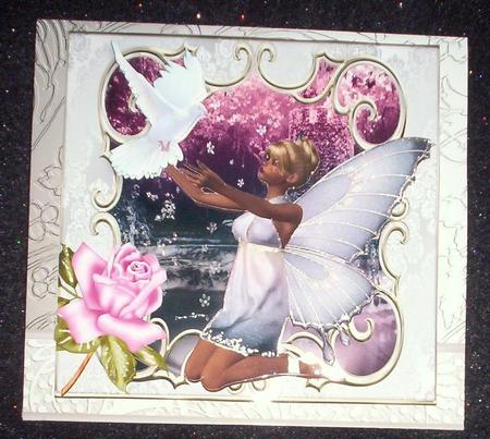 Beautiful Faerie with White Dove and Pink Rose 8x8 by Sharon Wilson