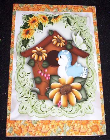 Litle Bird in Birdhouse with Sunflowers A4 by Sharon Wilson