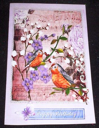Pretty Bird on Music Sheet with Purple Flowers A4 by Sharon Wilson