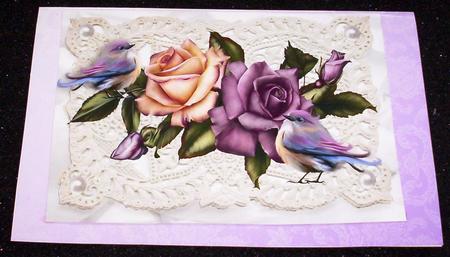 Roses on Ecru Lace with Little Birds A4 by Sharon Wilson