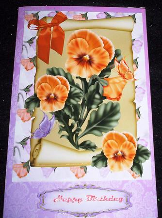 Peach Pansies with Butterflies on a Scroll A4 by Sharon Wilson
