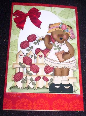 Little Teddy in Her Rose Garden A4 by Sharon Wilson