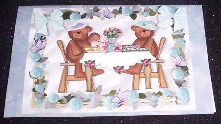 Teddies Little Tea Party in Blue Rose Frame A4 by Sharon Wilson