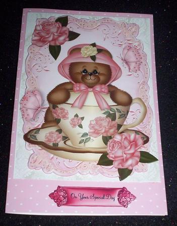 Little Teddy in Rose Teacup with Butterflies A4 by Sharon Wilson
