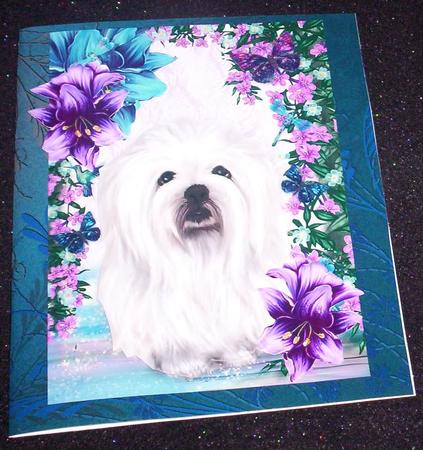 Little White Westie in Purple/turq Flowers by Sharon Wilson