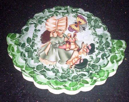 Little Bonnet Girl in Green with Pink Roses Rocker Card by Sharon Wilson