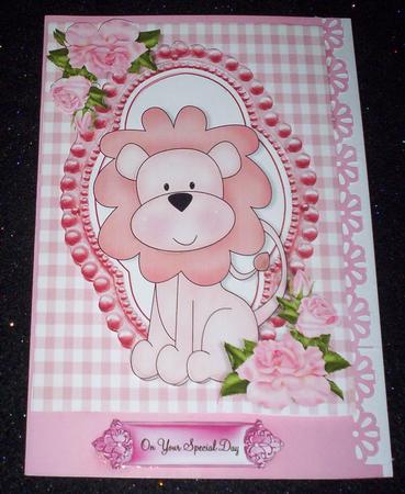 Little Lion in Bead Frame with Corner Roses A4 by Sharon Wilson