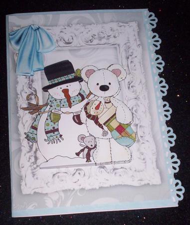 Snowman with White Teddy Bear in Silver Frame by Sharon Wilson