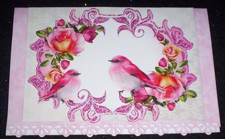 Pink Birds, Pink Roses in Ornate Frame A4 by Sharon Wilson