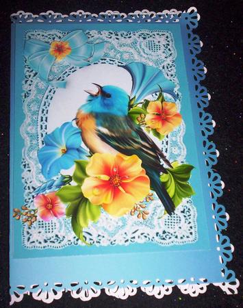 Bird with Flowers on Vintage Blue Lace A4 by Sharon Wilson