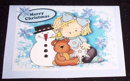 Little Girl with Her Teddy and a Snowman A4 by Sharon Wilson