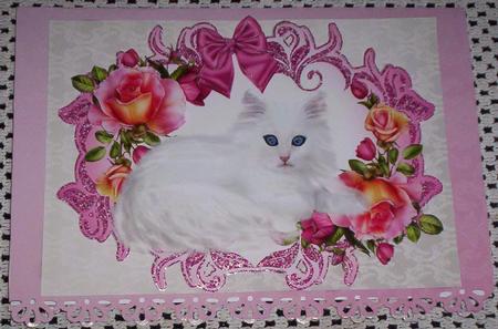 White Kitty in Frame of Roses with Bow A4 by Sharon Wilson