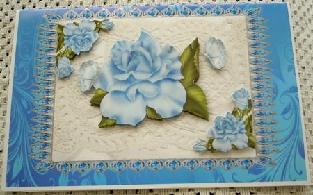 Blue Roses on Vintage Lace, A4 by Sharon Wilson