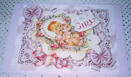 So It's a Girl! Vintage Baby on Pink Lace A4 by Sharon Wilson
