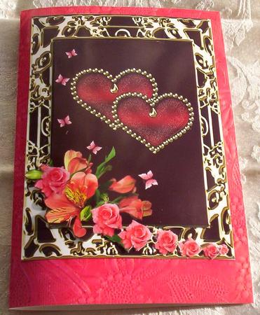 A4 Two Red Jeweled Hearts & Flowers on Dark Red by Sharon Wilson
