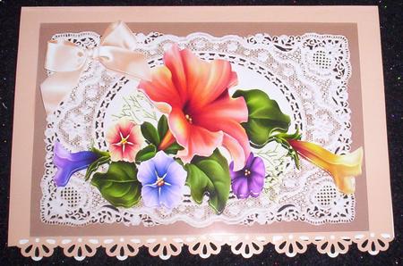 Petunias on Vintage Ecru Lace with Satin Bow by Sharon Wilson
