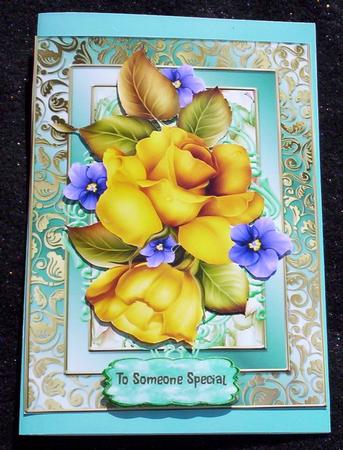 Lovely Yellow Roses and Violets on Gold  by Sharon Wilson