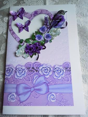 Little Bird on a Heart with Purple Flowers A4 by Sharon Wilson
