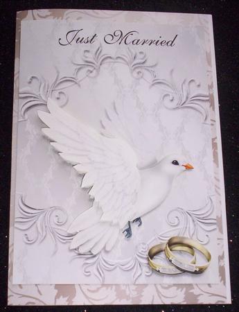 White Dove His & His Gold Just Married Card Front by Sharon Wilson