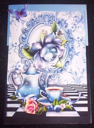 Blue Roses with Teapot and Cup in Ornate Frame by Sharon Wilson