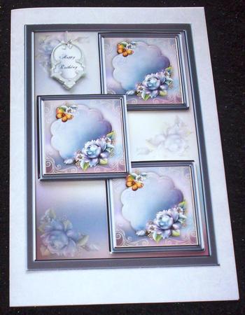 Blue Roses and Butterfly Three Square Quick Card by Sharon Wilson