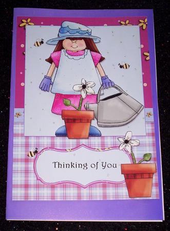 Watering the Flowers Card Front and Decoupage by Sharon Wilson