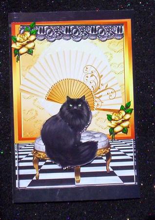 Black Persian with Green Eyes, & Gold Fan by Sharon Wilson
