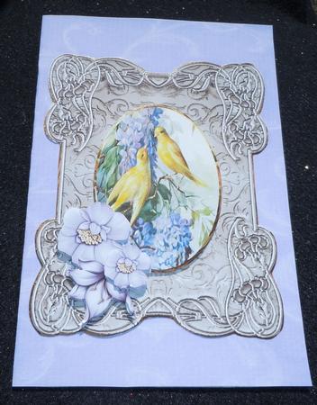 Yellow Birds on a Lilac Tree Card with Decoupage by Sharon Wilson