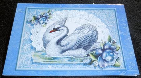 Vintage Swan on Lace with Blue Roses A4 by Sharon Wilson