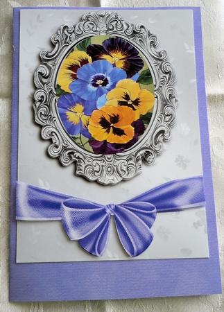 Pretty Coloured Pansies in Ornate Frame with Bow A4 by Sharon Wilson