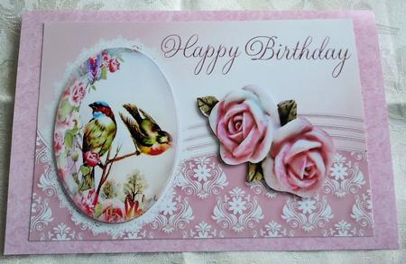 Songbirds on a Branch with Pink Roses A4 by Sharon Wilson