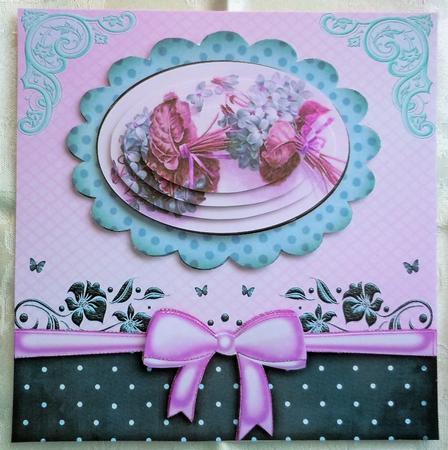 Pink Flowers in Scalloped Frame with Bow 8x8 by Sharon Wilson