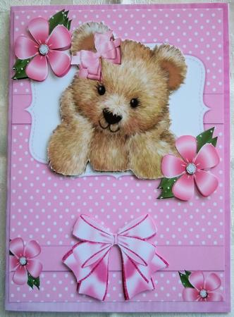 Cute Fuzzy Bear with Pink Bow and Flowers by Sharon Wilson