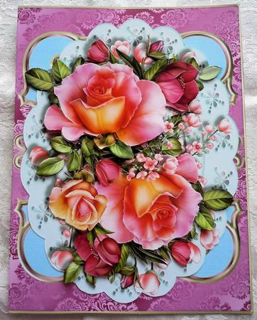 Beautiful Pink Roses and Blosson on Lace  by Sharon Wilson