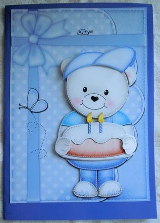 A5 Teddy Ed's Birthday Cake Quick Card N 3D Decoupage by Sharon Wilson