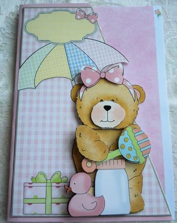 Baby Shower Girl Bear Over the Edge Card Front and Decoupage by Sharon Wilson