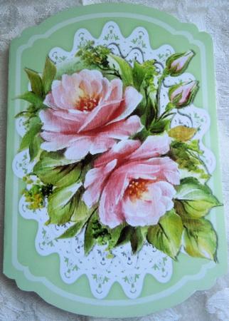 Pretty Pink Roses on Lace Bracket Card by Sharon Wilson
