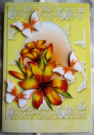 Lily Flutters in Lemon and Apricot Card Topper by Sharon Wilson