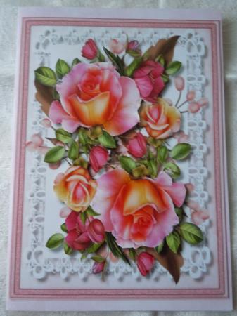 Beautiful Roseglow Roses on Stunning Lace by Sharon Wilson
