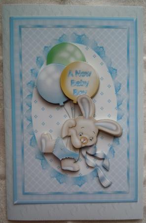 Baby Boy Bunny with Balloons Card Front by Sharon Wilson