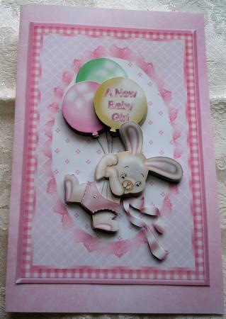 Baby Girl Bunny with Balloons Card Front by Sharon Wilson