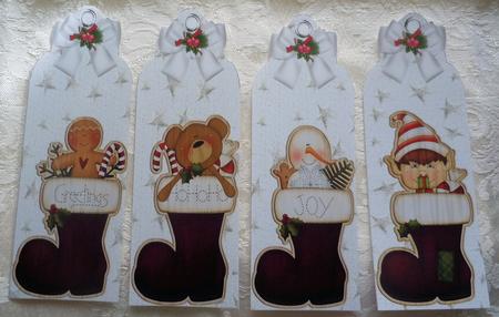 Wooden Teddy & Friends in Stockings on White Snow Tags by Sharon Wilson