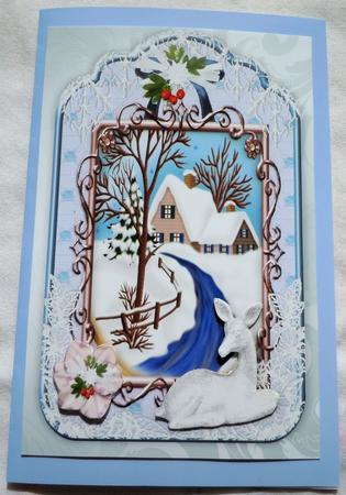 Christmas Snow Scene in Lace Frame with Deer A4 by Sharon Wilson