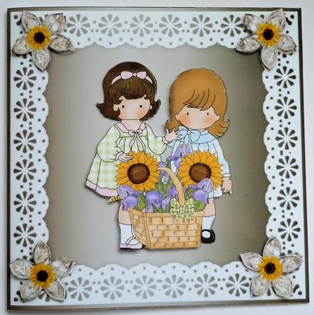 Bejewelled Flower and Lace Square Card Front in Silver by Sharon Wilson