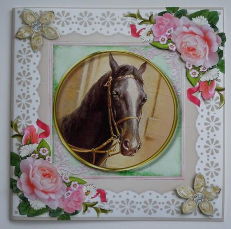 Bejewelled Flower and Lace Square Card Front in Beige by Sharon Wilson