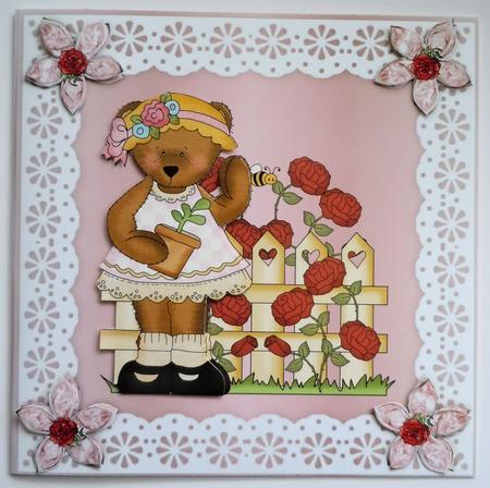 Bejewelled Flower and Lace Square Card Front in Rose by Sharon Wilson