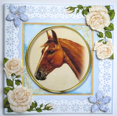 Bejewelled Flower and Lace Square Card Front in Blue by Sharon Wilson
