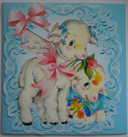 Cute Lambs with Bows Easter Greetings 8x8 by Sharon Wilson