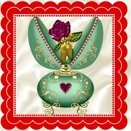 scalloped red and satin 8x8 frame with topper & tags by Linda Wright