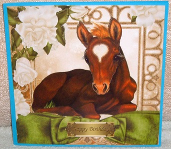Pretty Foal with Cream Roses and Big Bow 8x8 by Linda Wright